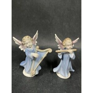 VTG 2pc Mid Century Figures Blue &‎ White Angels Playing Musical Instruments